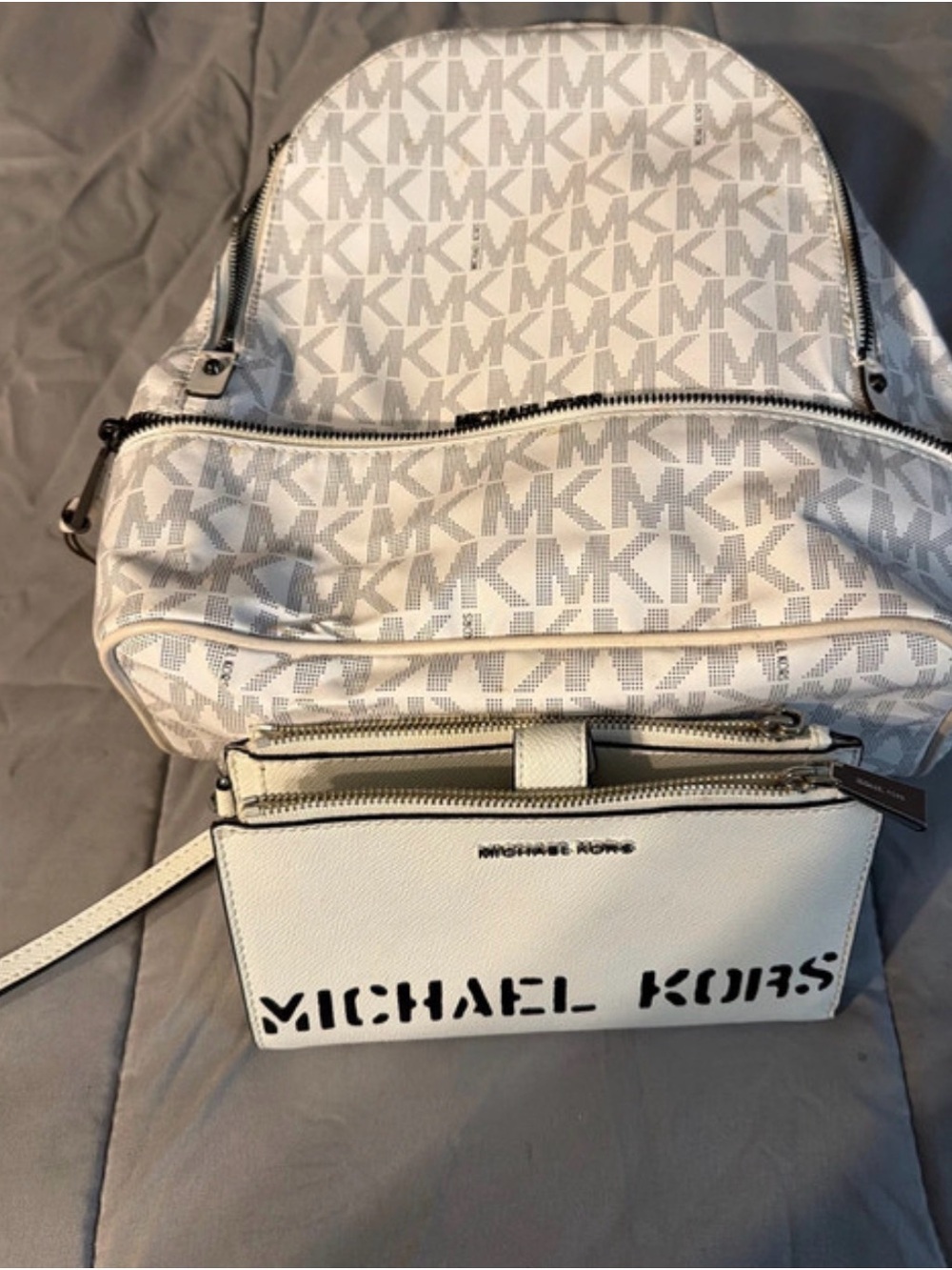 Michael Kors White MK Logo Backpack with Matching White Crossbody